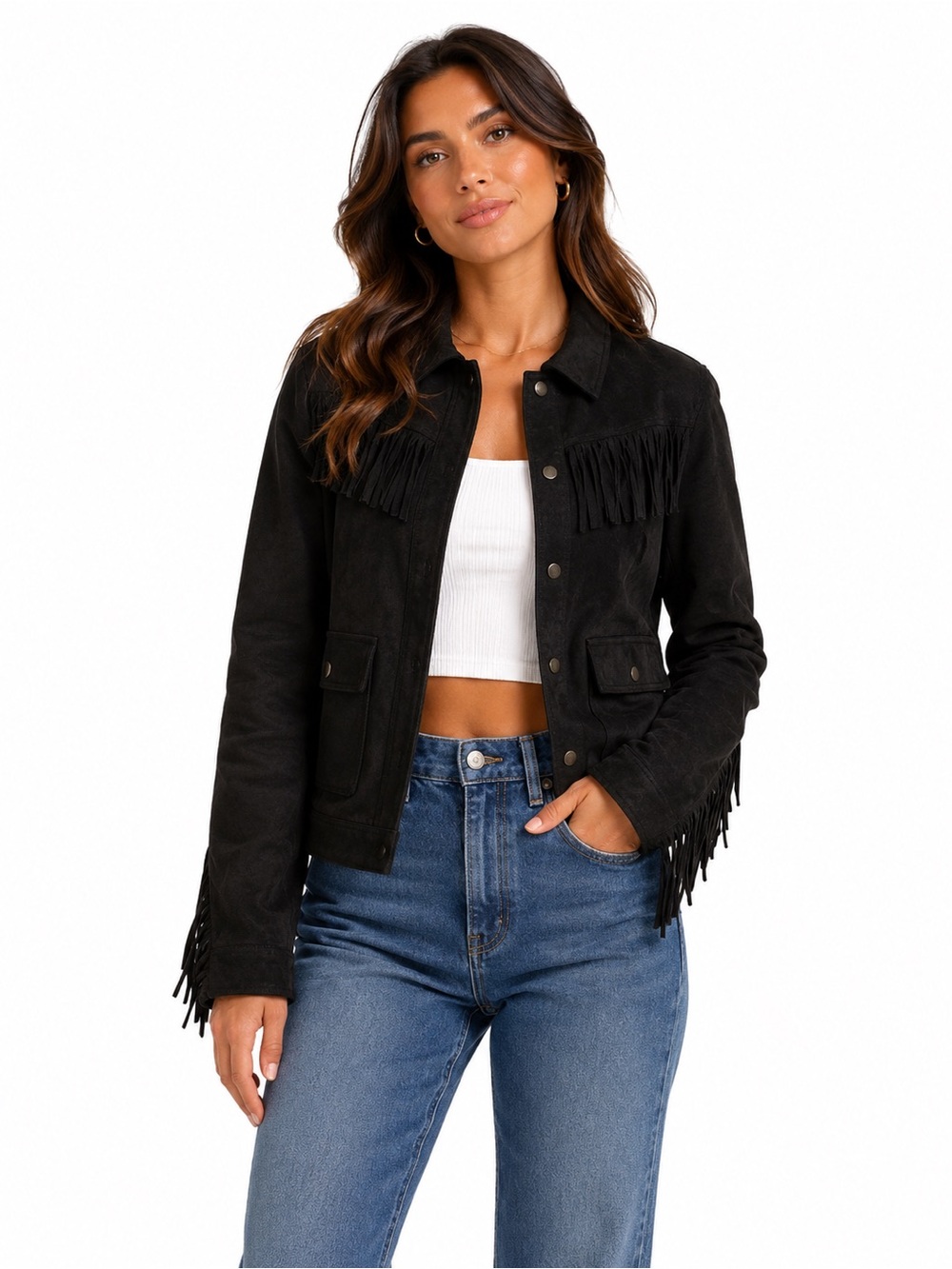 Fore Size Medium Fringe Suede Jacket - Black Button Up